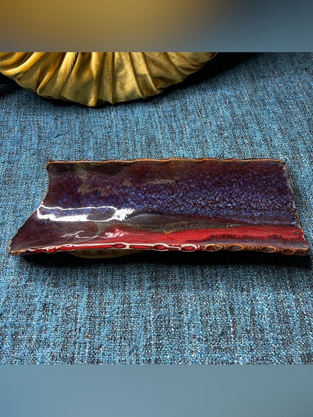 Studio Art Pottery Serving Cradle Drip Glaze Wine Cheese Utensils Catch All Tray